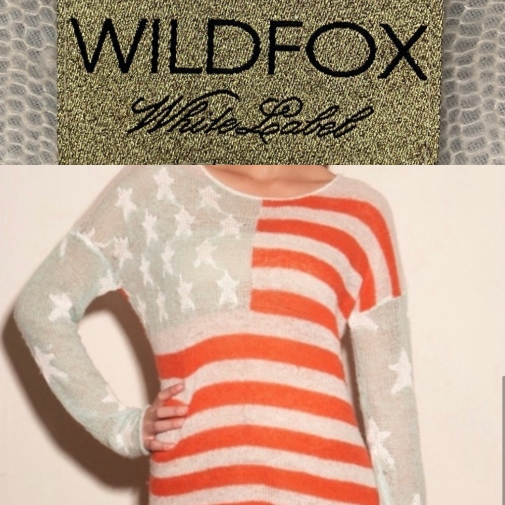 Wildfox White Label Billy Sweater Born on the 4th of July Seafoam Flag USA Sz SM